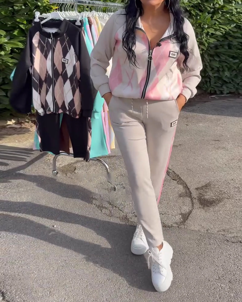 Zweiteiler kariert Oberteil mit Reißverschluss und Hose