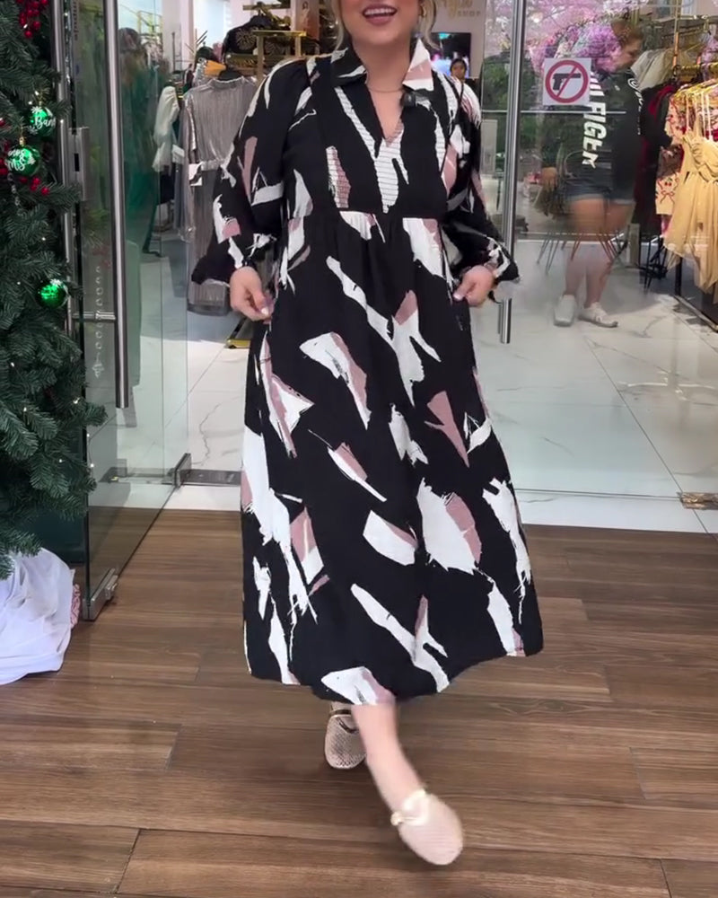 Kleid V-Ausschnitt bedruckt langärmlig