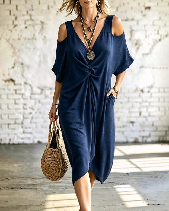 Kleid Einfarbig Kalt Schulter Gekraust