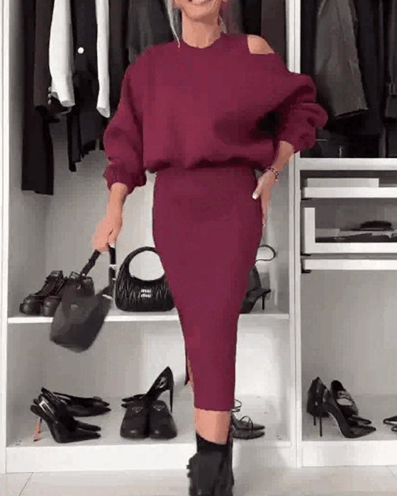 Damen-Set mit schräger Schulter-Sweatshirt und ärmellosem Kleid