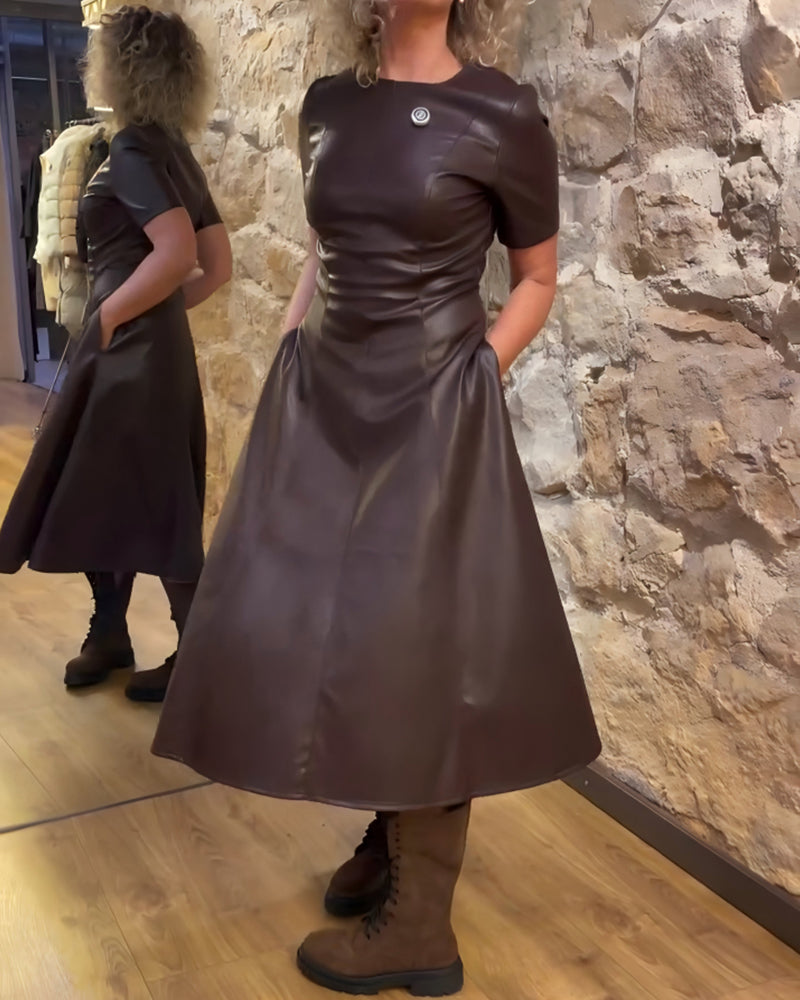 Kleid Pu Leder Tailliert Kurzärmlig