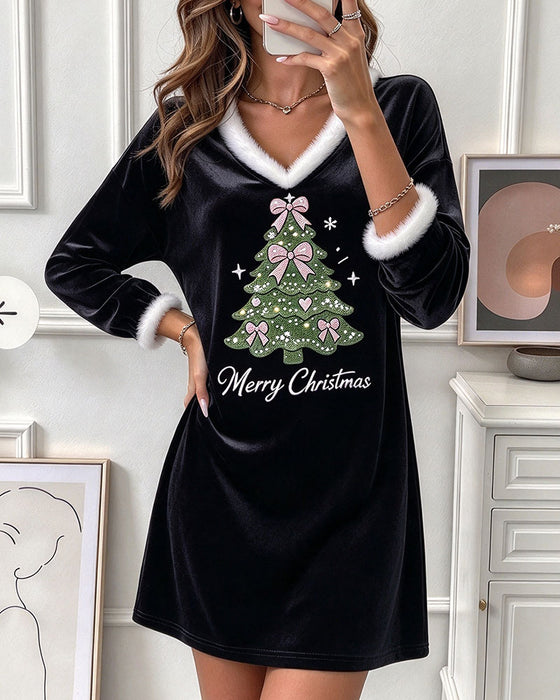 Kleid V-Ausschnitt Pelz Kragen Weihnachtsbaum Langarm