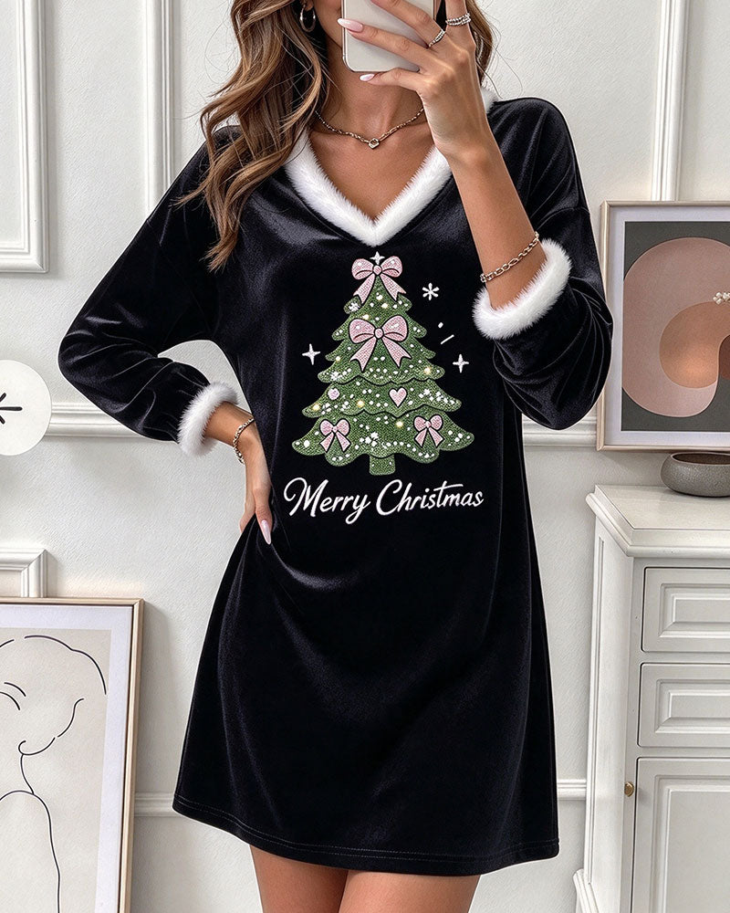 Kleid V-Ausschnitt Pelz Kragen Weihnachtsbaum Langarm