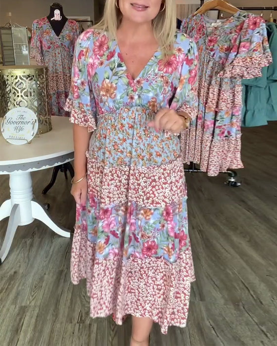 Kleid V-Ausschnitt Lotusärmel Blume