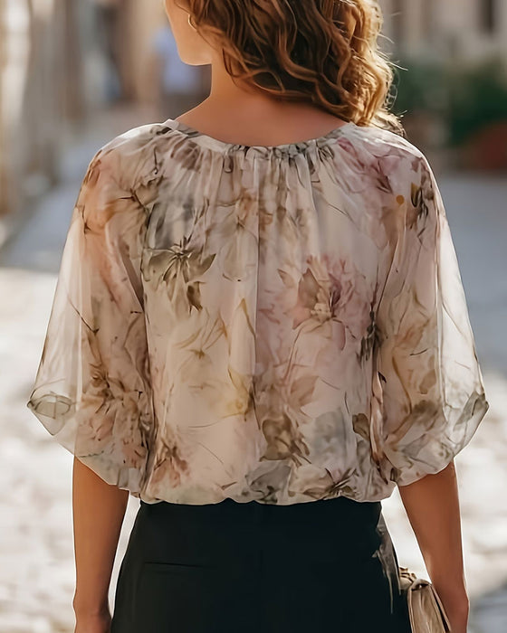 Bluse Tintenwäsche Blumen Puffärmel