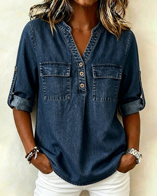 Bluse Denim V-Ausschnitt Lässig