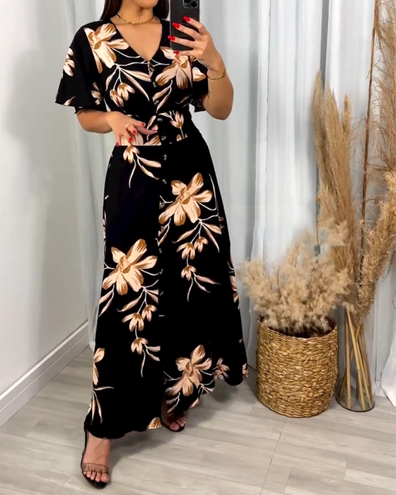 Kleid V-Ausschnitt Blumendruck Taille