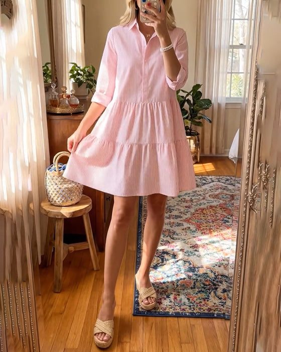 Kleid Hemdkragen Gestreift Patchwork