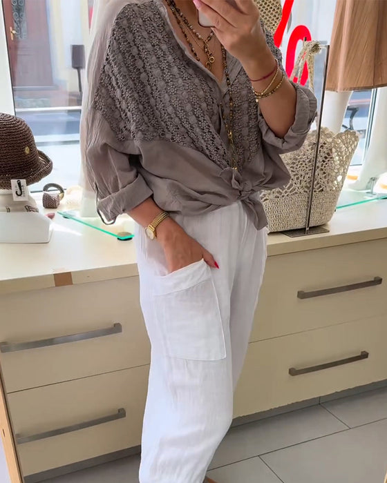 Bluse Mit Knopf Und Fledermausärmel