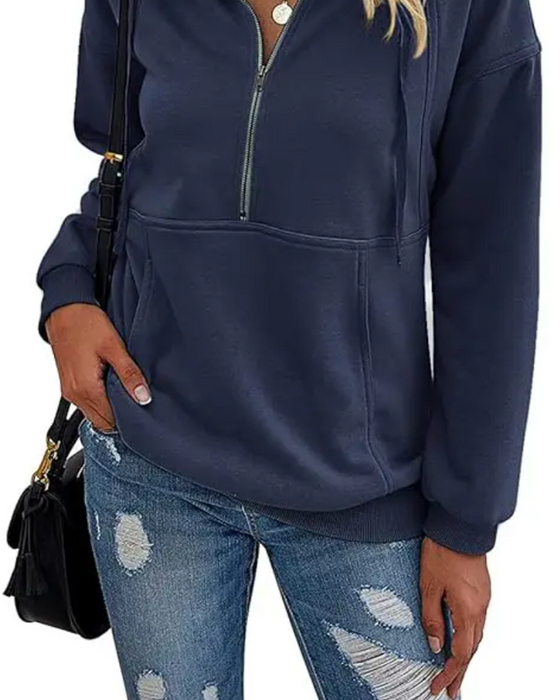 Sweatshirt Einfarbig Revers Reißverschluss Tasche