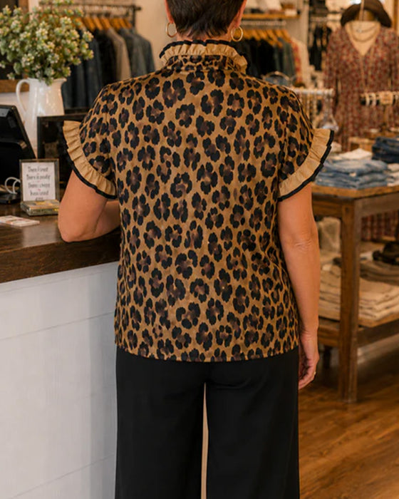 Bluse Leopard Rüsche Kurzer Ärmel