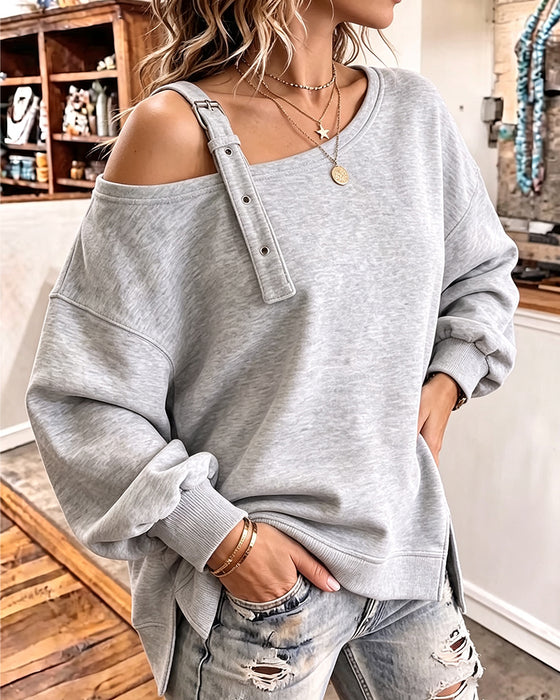 Sweatshirt Freie Schulter Träger Schlitz Locker Passform