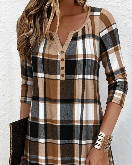 Kleid V-Ausschnitt Knopf Karo