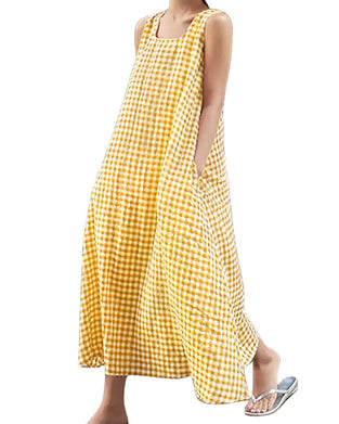 Kleid Karo Ärmellos Quadratischer Ausschnitt Maxi