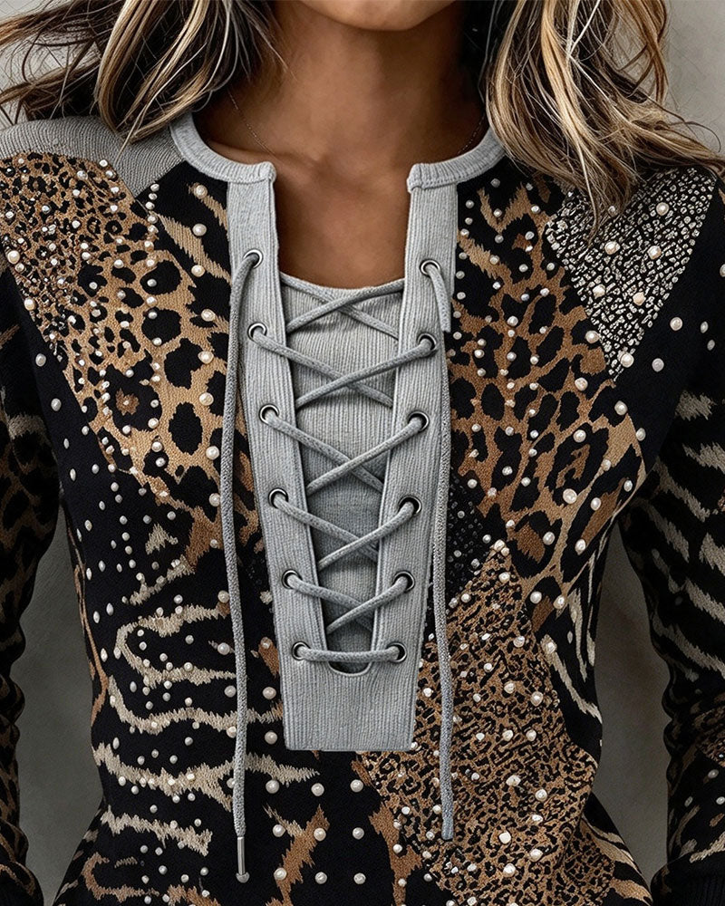 Sweatshirt Binden Leopard Patchwork Figurbetont