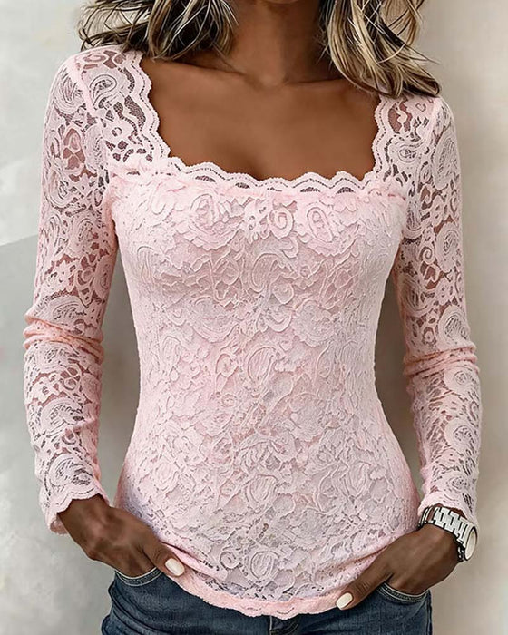 Bluse Quadratischer Ausschnitt Spitze Patchwork