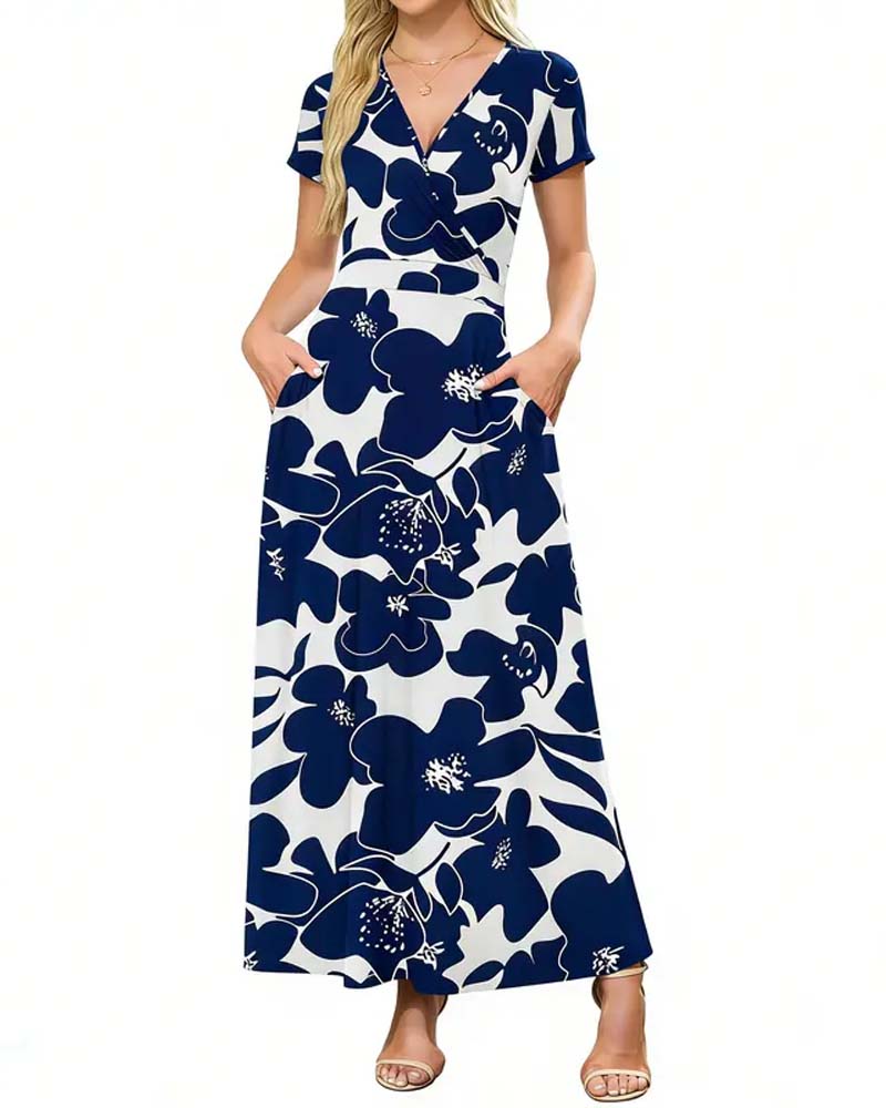 V-Ausschnitt Bedrucktes Kurzarmkleid
