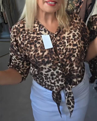Bluse Schnürung V‑Ausschnitt Leopard