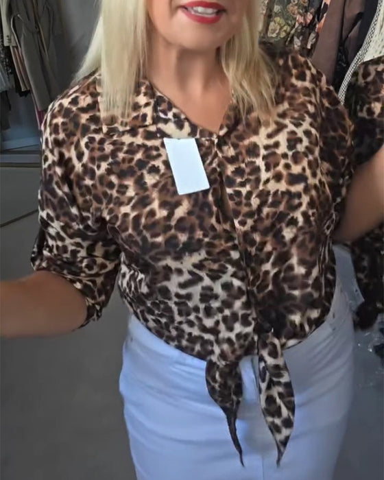 Bluse Schnürung V‑Ausschnitt Leopard
