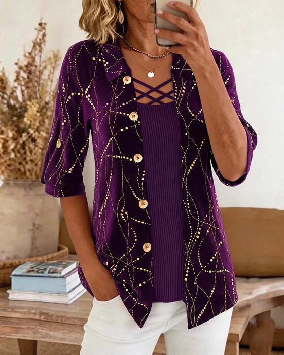 Bluse Revers Knopf Vorne Cross Over Falsch Layer