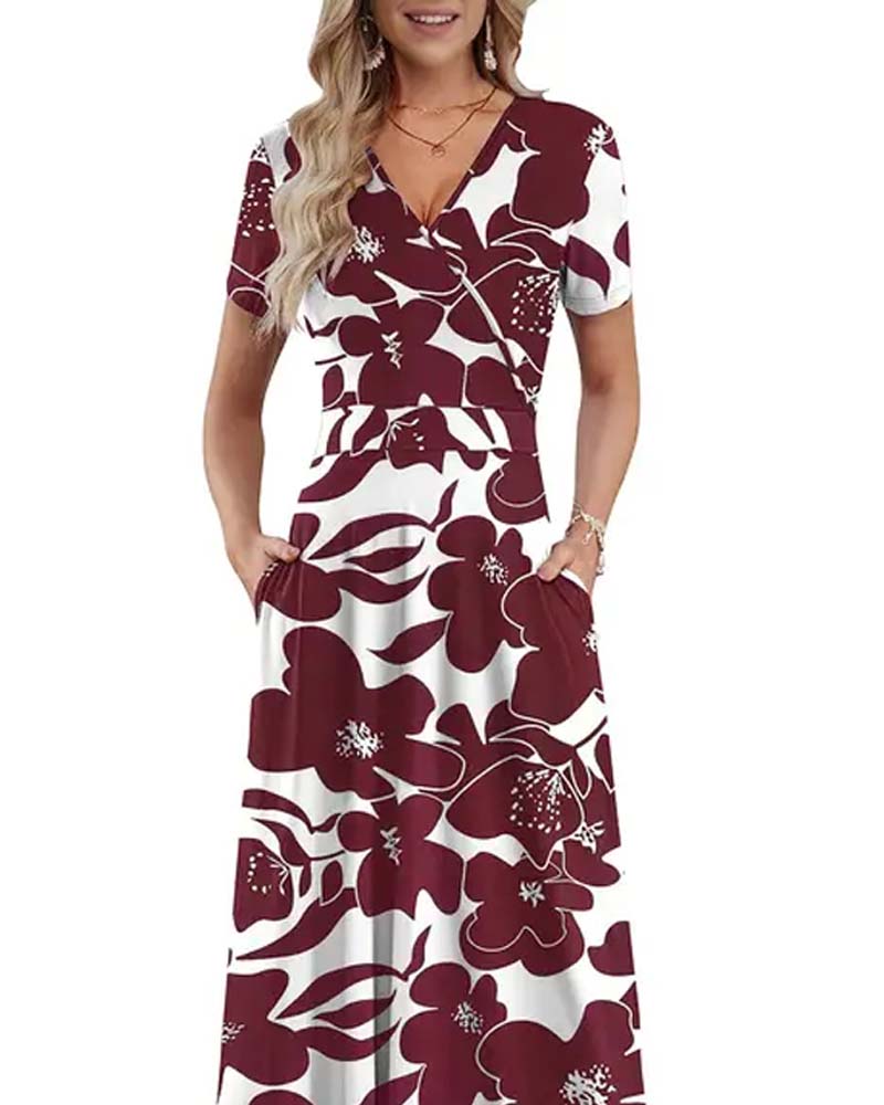 V-Ausschnitt Bedrucktes Kurzarmkleid