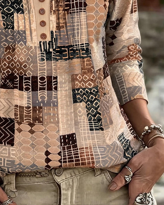 T-Shirt Geometrisch Patchwork Druck Henley