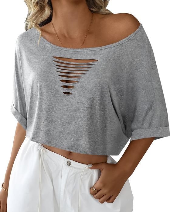 T-Shirts Off-Shoulder Asymmetrisch Zerrissen Umschlagsaum