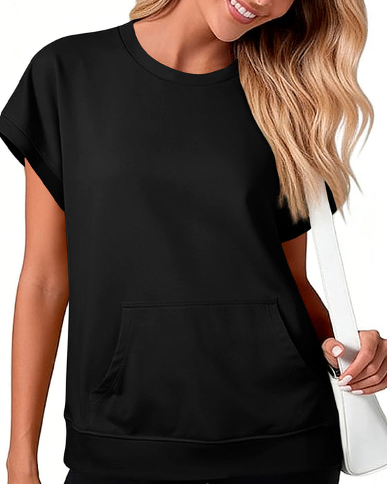 Bluse Vordertasche Einfarbig Rundhalsausschnitt