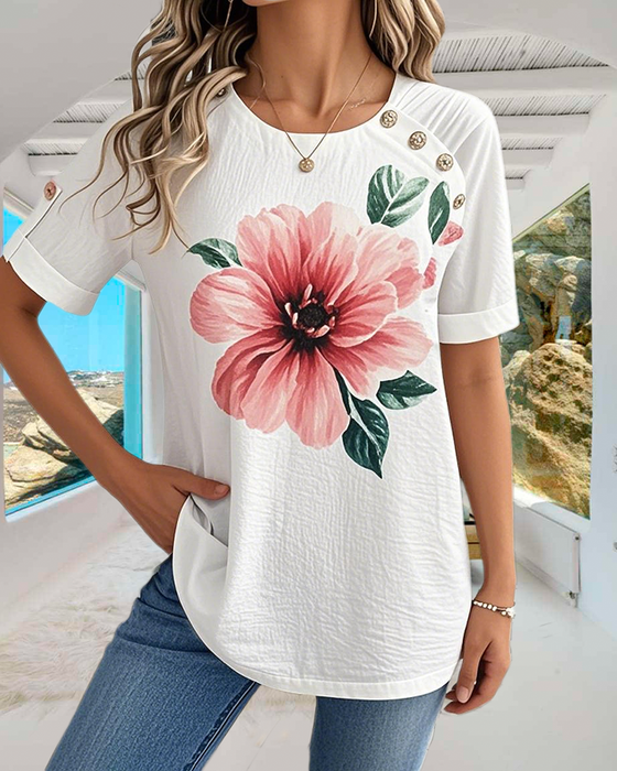 Bluse Rundhals Blumendruck Kurzarm