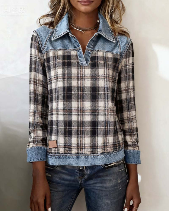 Denim-Top Mit Patchwork Und Karomuster