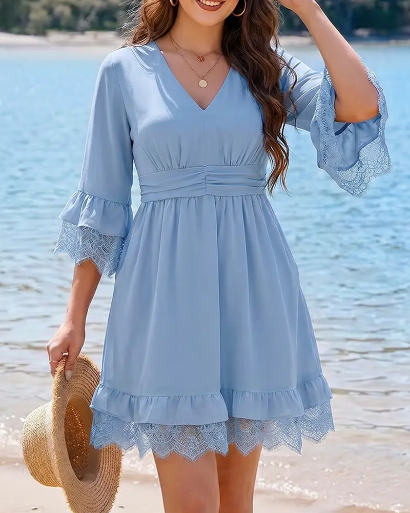 Kleid V-Ausschnitt Uni Spitze Patchwork