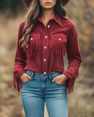 Hemd Mit Lapel-Kragen, Fransen-Tasche Detail Und Modischer Schnitt