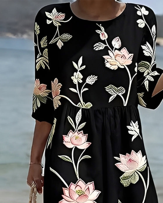 Blumenkleid Mit Rundhalsausschnitt