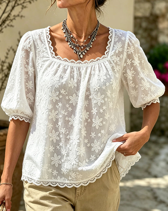 Bluse Mit Viereckigem Ausschnitt Puffärmel Jacquard