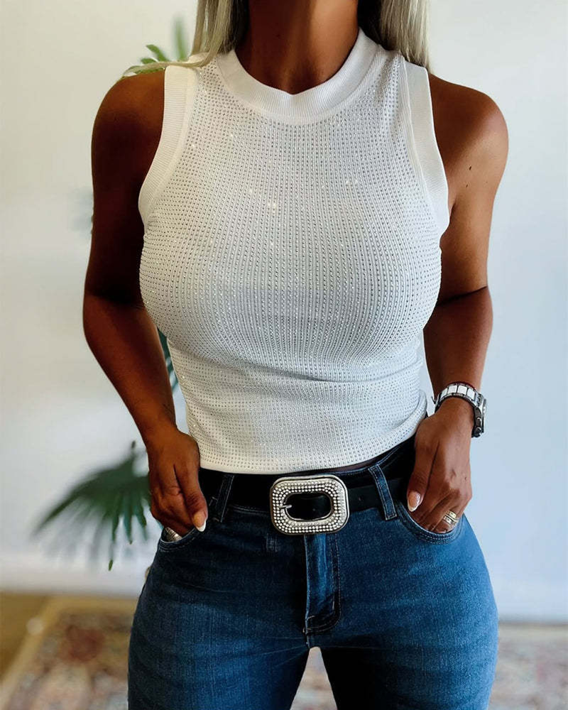 Tanktop Einfarbig Gerippt Strass Eng Anliegend