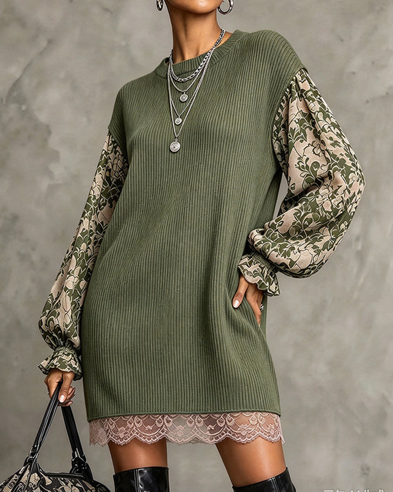 Kleid Rundhalsausschnitt Gerippt Spitze Patchwork Rüsche