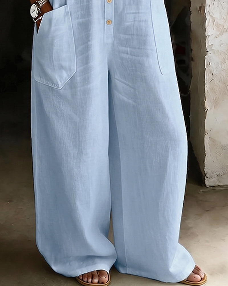 Jumpsuit 100% Baumwolle Reverskragen Casual Weites Bein