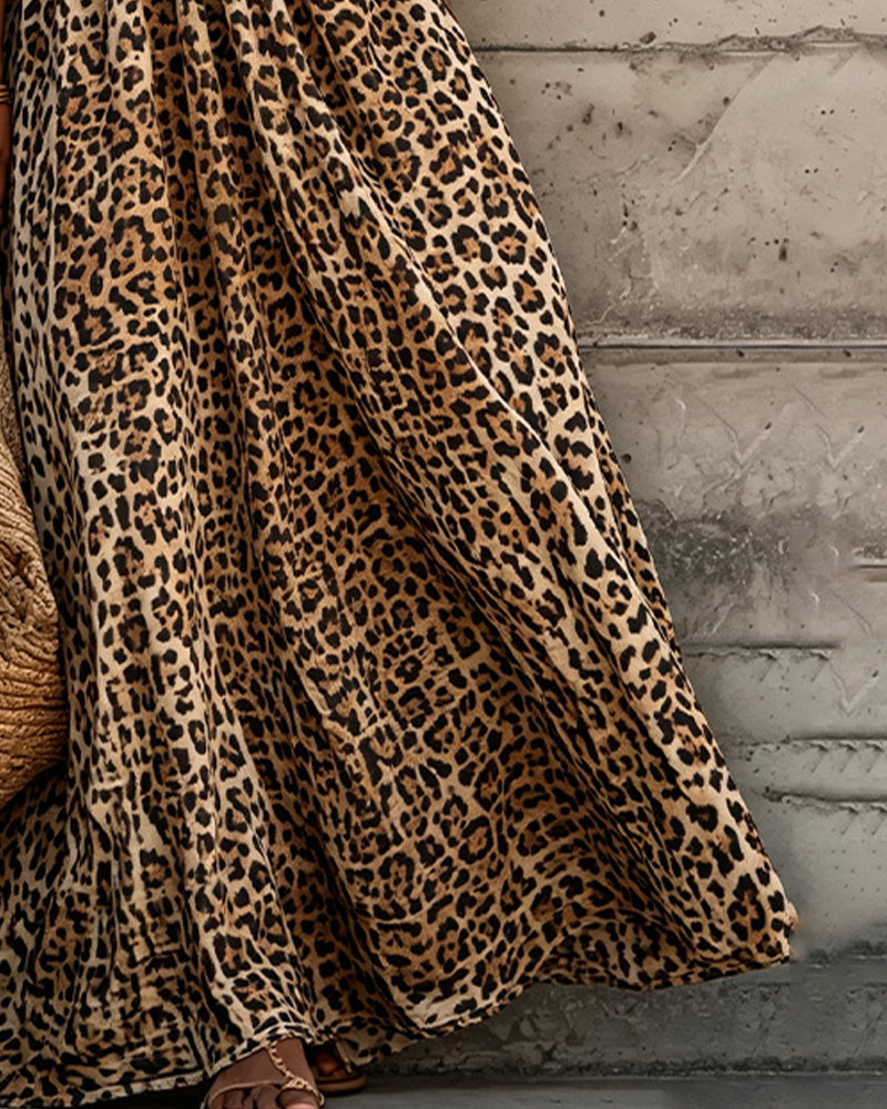 Kleid Leopard Druck V-Ausschnitt Puff Ärmel