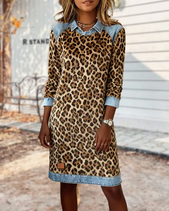 Kleid Revers Leopardenmuster Shift