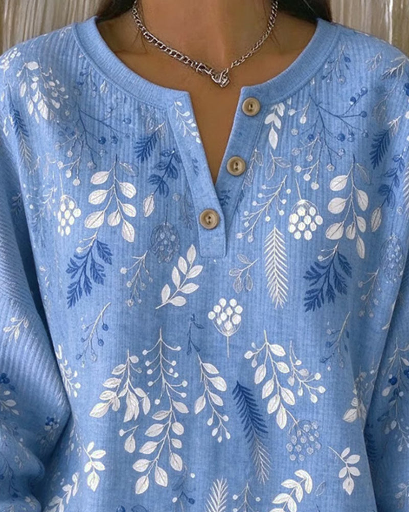 Sweatshirt Waffel Henry Kragen Blumenprint