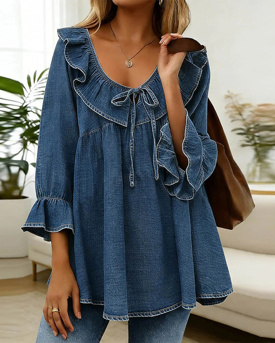 Bluse Rüschenbindung Denim Rundhals