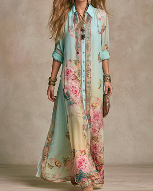 Kleid Revers Schmetterling Rose Print