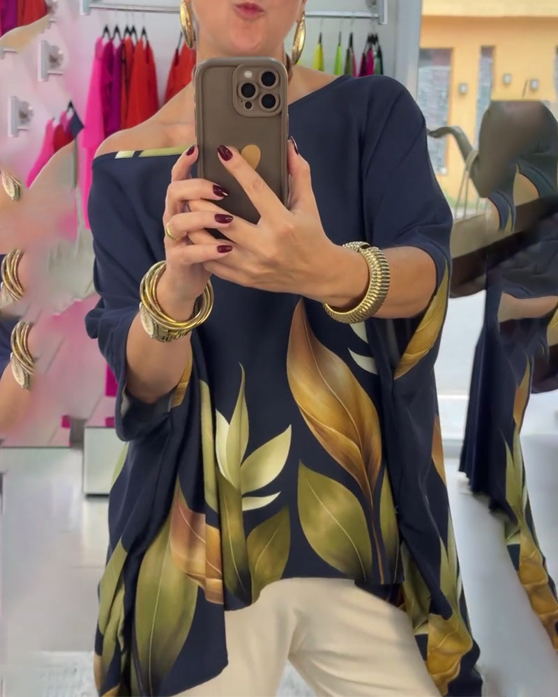 Bluse Schräge Schulter Unregelmäßig Dreiviertelarm