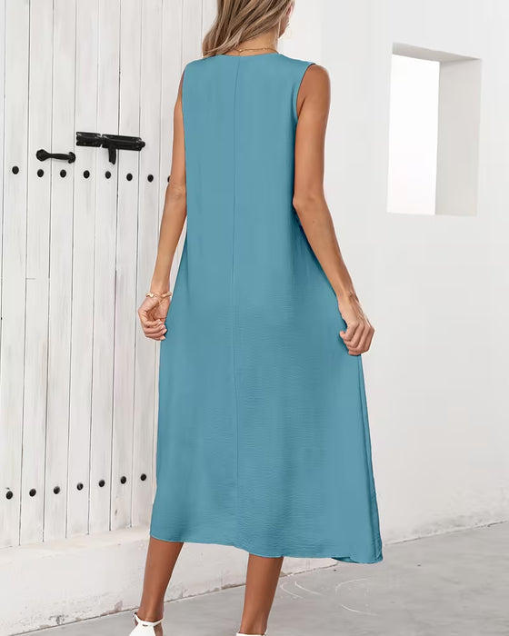 Kleid Gepresst Gekräuselt Unregelmäßiger Saum Ärmellos