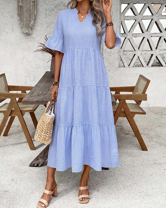 Kleid Blau Weiß Gingham V-Ausschnitt