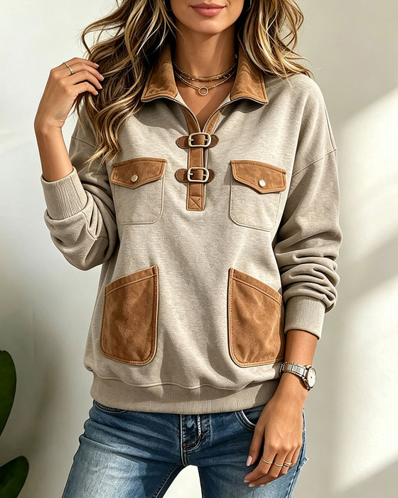 Sweatshirt Wildleder Patchwork Tasche