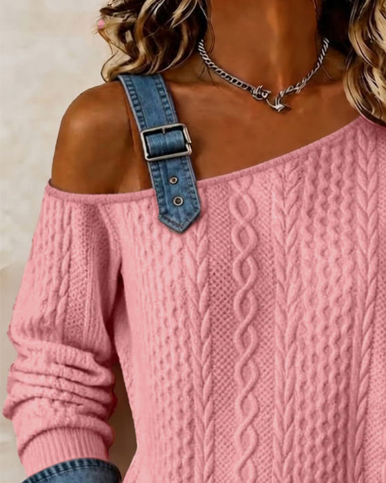 Sweatshirt Ein-Schulter Träger Denim Patchwork Lässig