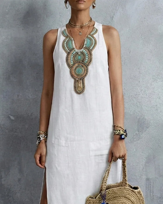 Kleid Ärmellos V-Ausschnitt Bohemian Lang
