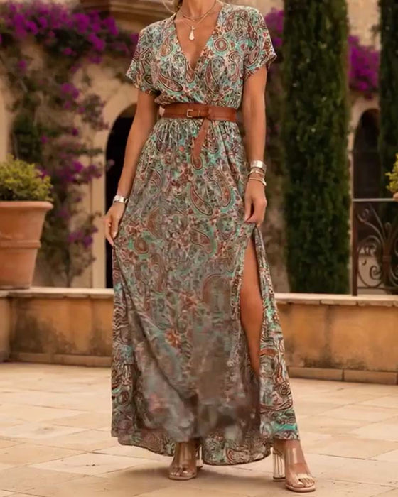 Kleid V-Ausschnitt Vintage Paisley Schlitz Lang
