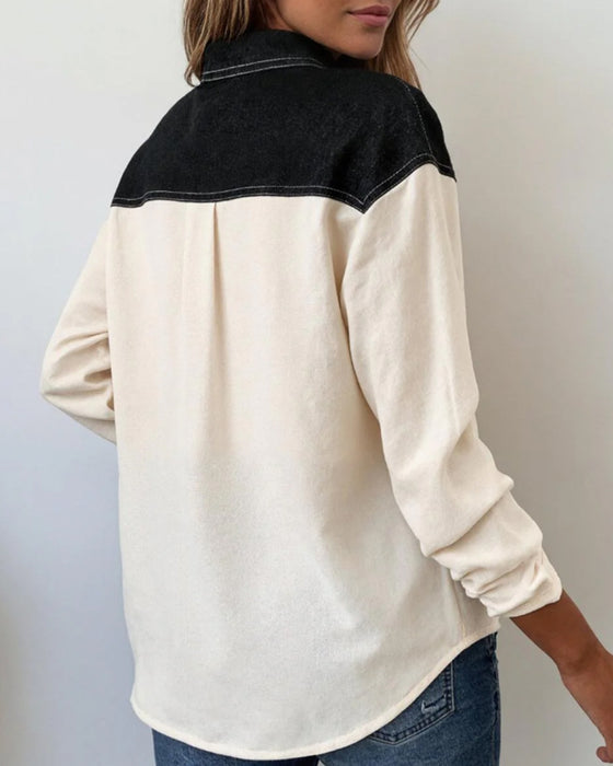 Bluse lässig Revers Denim Patchwork